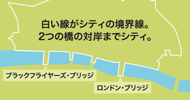 シティの境界線は二つの橋だけ南岸に届く