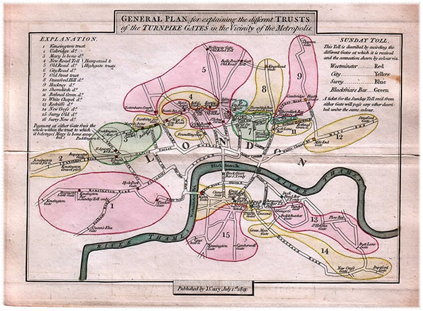 19世紀初頭のロンドンの有料道路の料金所マップ