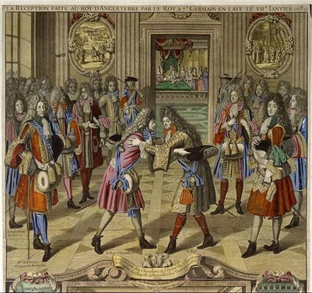 フランスに亡命したジェームズ2世が、ルイ14 世と再会したときの様子（ニコラ・ラングロワ画）