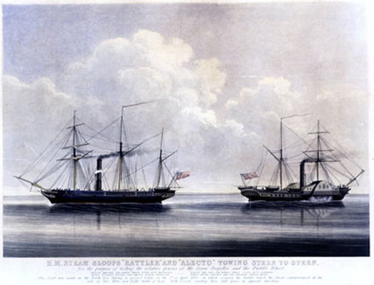 スクリュー船「ラトラー号」（左）と外輪船「アレクト号」（右）の綱引き