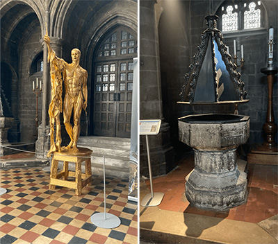 現代アートの聖人 バーソロミュー像（左）とW・ホガースが使った1404年製作の洗礼盤（右）