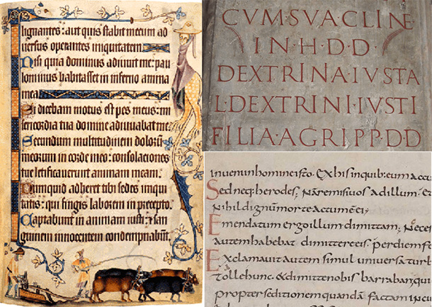 ブラックレター（左）、ローマ時代の碑文（右上）、カロリング小文字（右下）