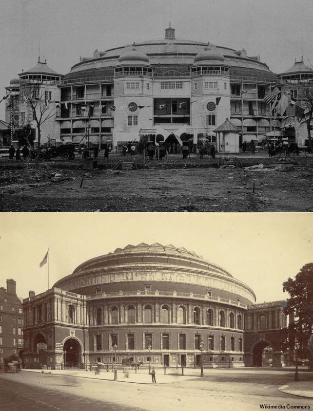 1909年完成の旧両国国技館（上）と1871年完成のロイヤル・アルバート・ホール（下）