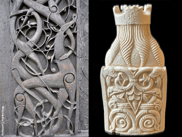 ヴァイキングのツル模様（左）とキングの駒の玉座の裏側（右）