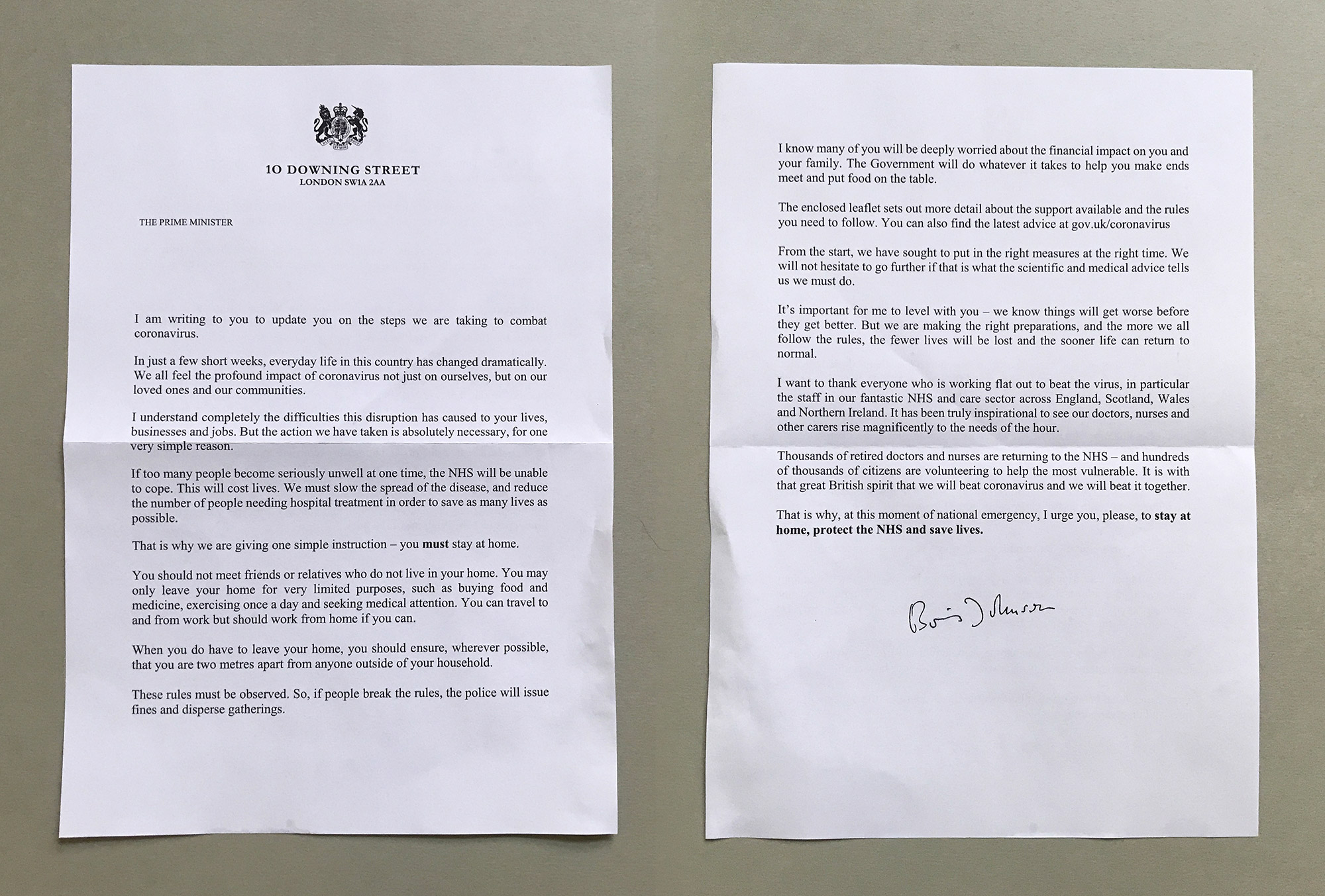 ボリス・ジョンソン首相からの手紙