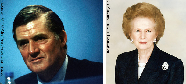 写真左: セシル・パーキンソン貿易産業相　写真右: マーガレット・サッチャー首相