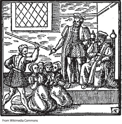 ジェームズ1世の前でひざまづく魔女とされる1597年の版画