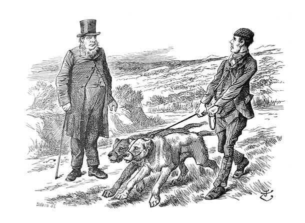 英週刊風刺漫画雑誌「パンチ」の年鑑、「パンチ年鑑」（Punch's Almanack、1900年発行）に描かれた挿絵。男性が2頭の立派な犬をリードに繋ぎ散歩させている